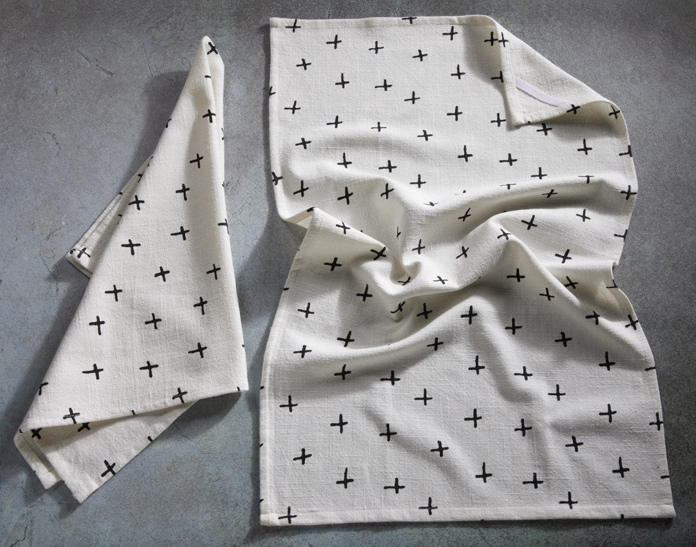 Premium Cotton Printed Towels - Plus Print Set of 2 Kitchen Towels - 100 % Cotton - Ivory / Black